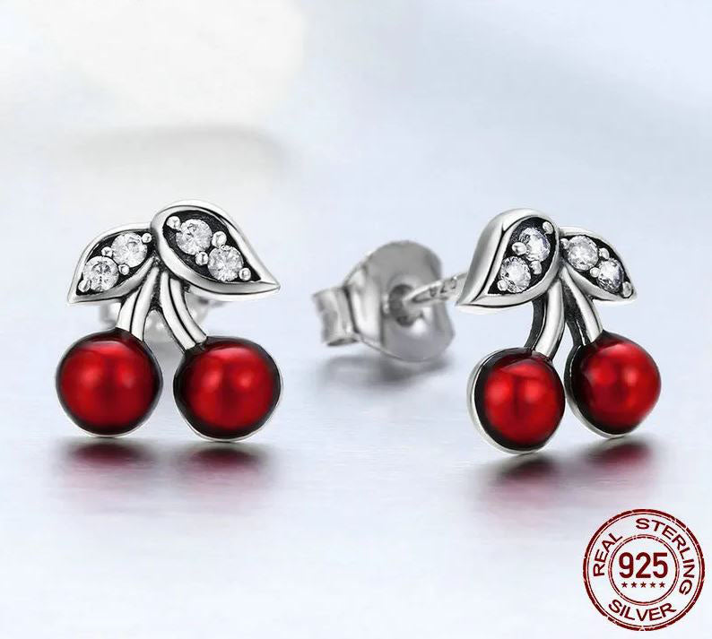 Fruit Earrings Cherry Red Stud Sterling Silver