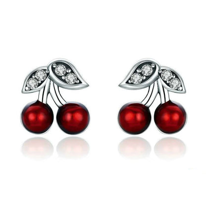 red cherry earrings fruit sterling silver studs