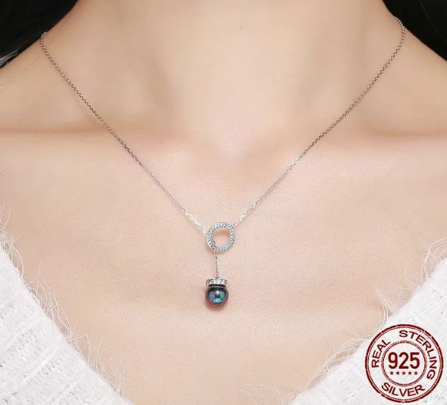 Pendant Necklace Clear Simulated Black Pearl Sterling Silver