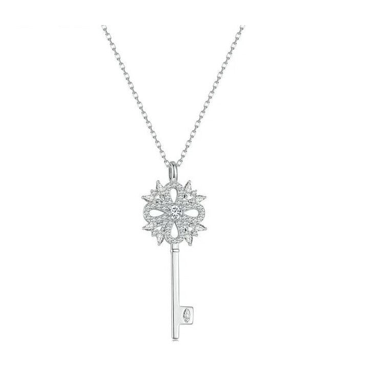 925 Sterling Silver Key Necklace Pendant Clear