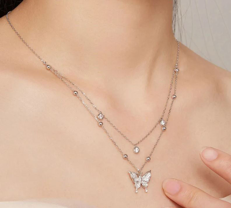 925 Sterling Silver Butterfly  Necklace Cubic Zirconia Clear