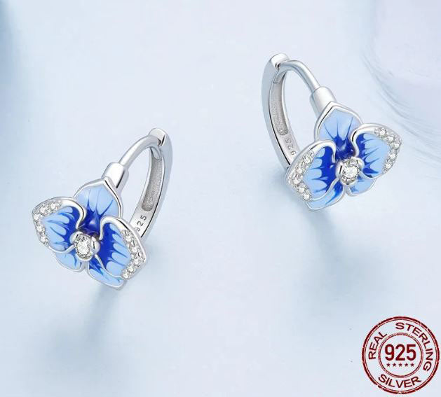925 Sterling Silver Hoop Earrings Cubic Zirconia Flower
