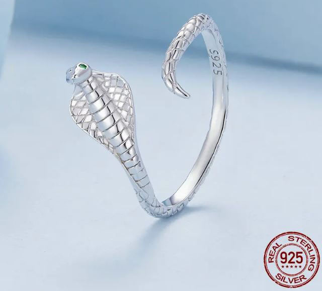 925 Sterling Silver Snake Ring Cubic Zirconia Green