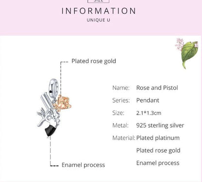 925 Sterling Silver Rose and Pistol Charm For Women 