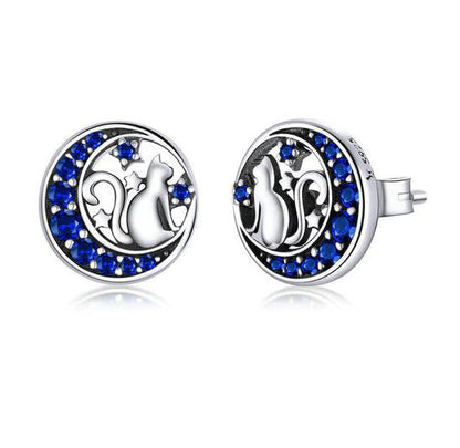 Blue moon earrings with cat Stud 925 Sterling Silver