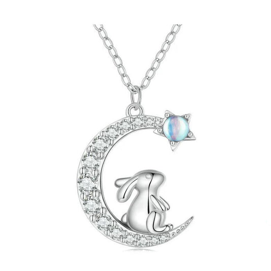 Sterling Silver Crescent Moon Necklace with rabbit pendant