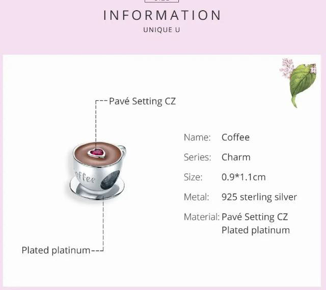 925 Sterling Silver Coffee Charm Cubic Zirconia 