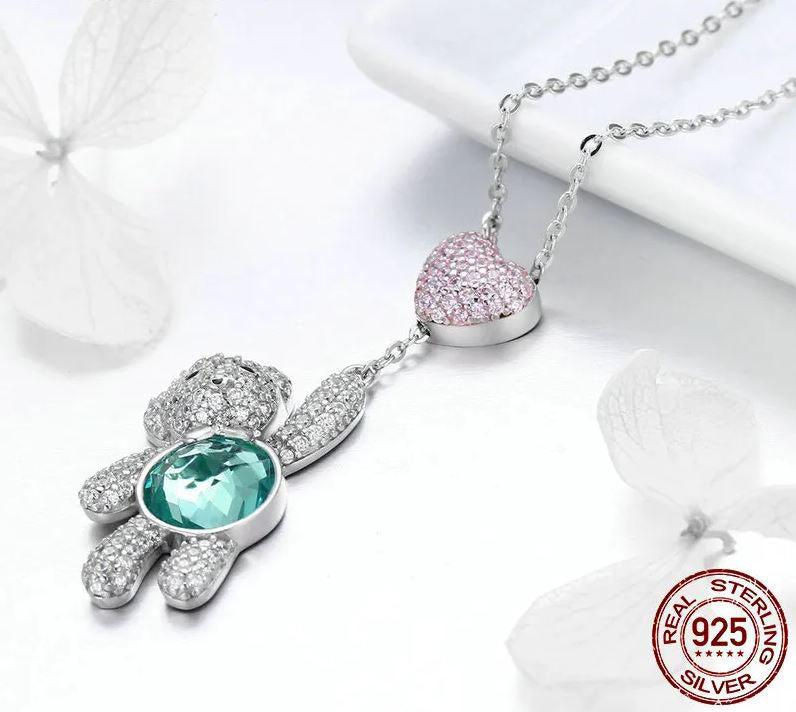 925 Sterling Silver Cute Bear Necklace Cubic Zirconia Turquoise 