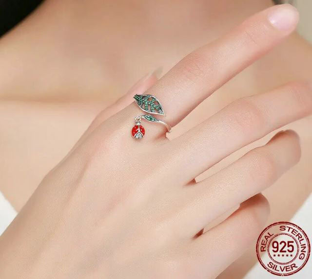 Ring For Women Leaves Ladybug 925 Sterling Silver