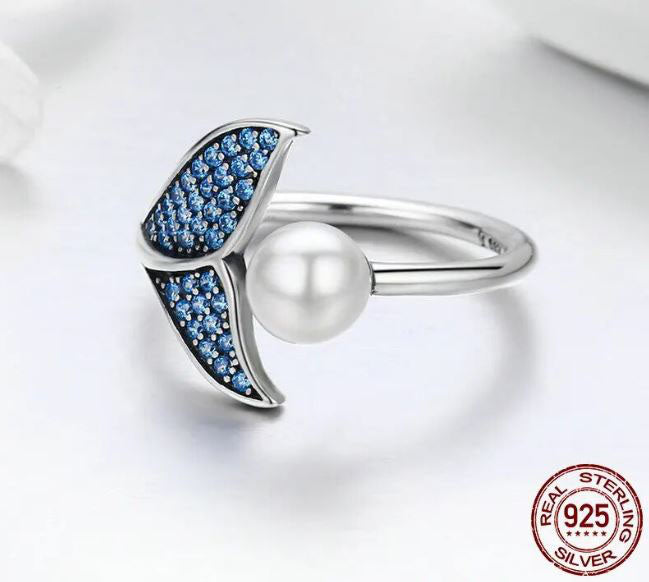925 Sterling Silver Dolphin Tail Ring Cubic Zirconia Blue
