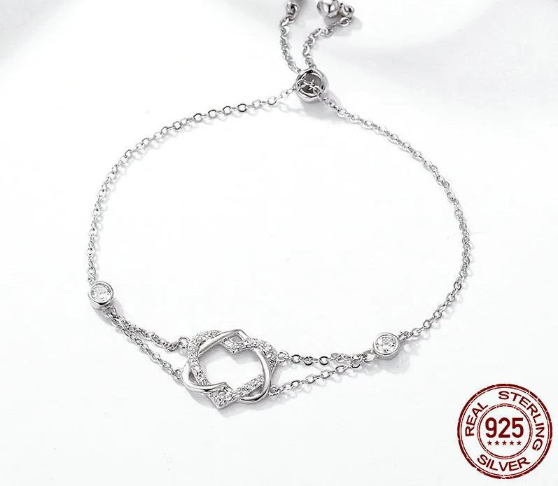 925 Sterling Silver Double Heart Bracelet Cubic Zirconia Clear