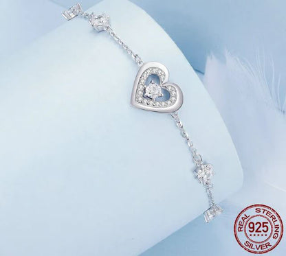 925 Sterling Silver Double Heart Bracelet Cubic Zirconia Clear