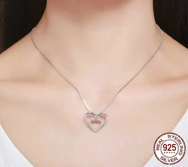 Necklace For Women Pendant Double Heart 925 Sterling Silver
