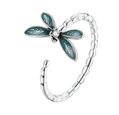 open green dragonfly ring sterling silver open adjustable Enamel