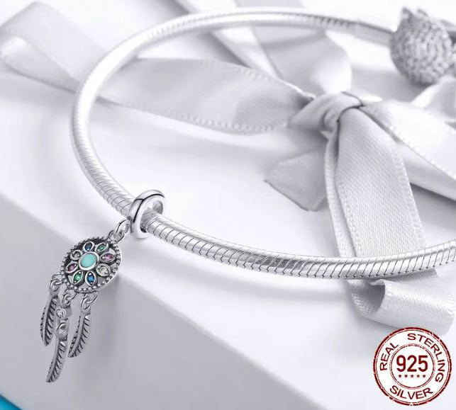 925 Sterling Silver Dream Catcher Charm Cubic Zirconia 