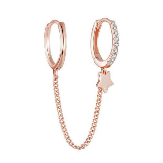 Rose Gold Double Hoop Earrings dangle with  star in sterling silver