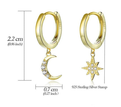 Gold Earrings Hoop Drop Moon Star