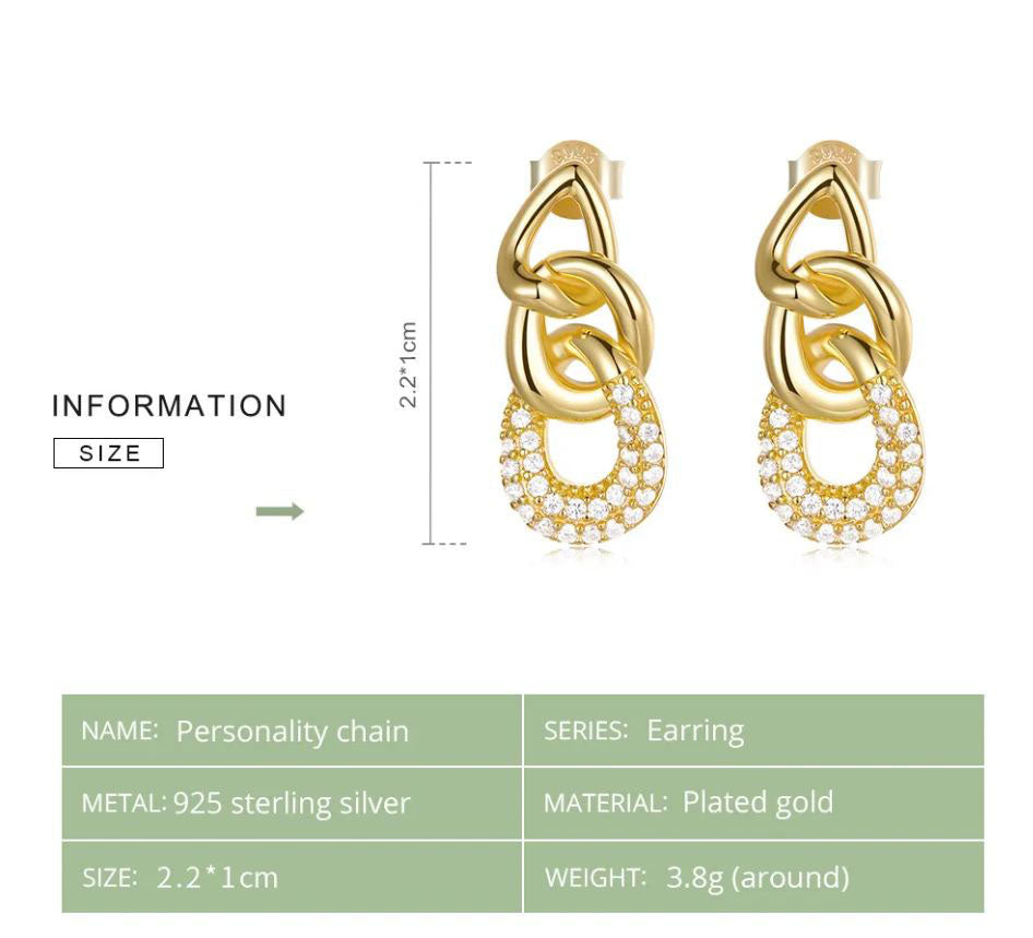Gold Earrings Sterling Silver Stud Drop Chain