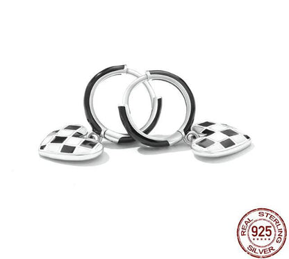 Hoop Earrings Drop White Black Heart Checkered