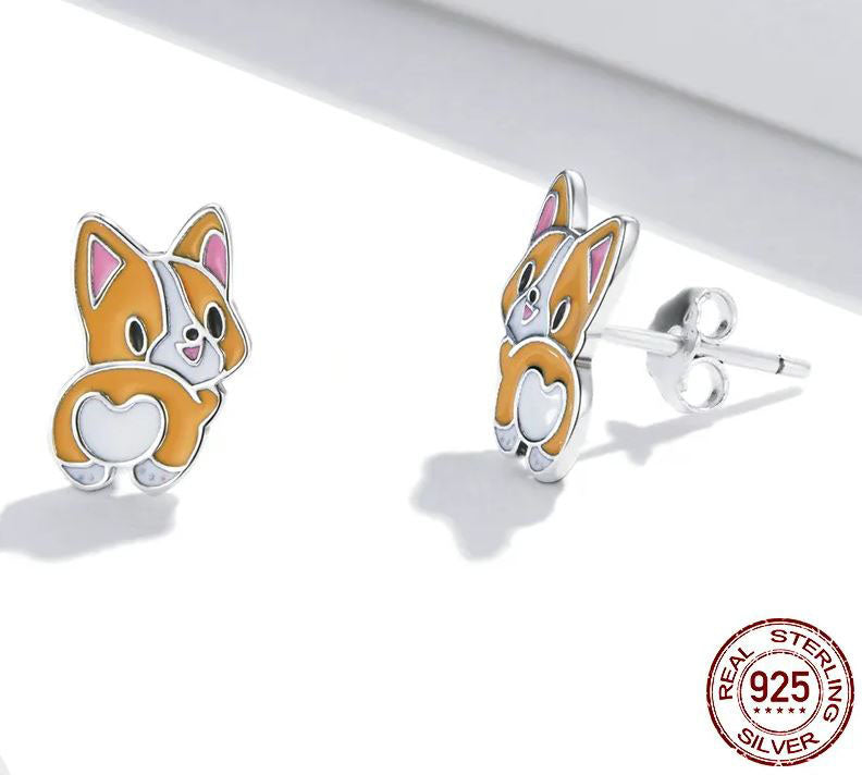 Stud Earrings Lovely Corgi Enamel Dog