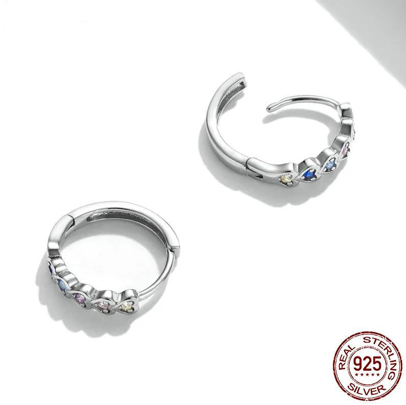 925 Sterling Silver Hoop Earrings Pave Rainbow