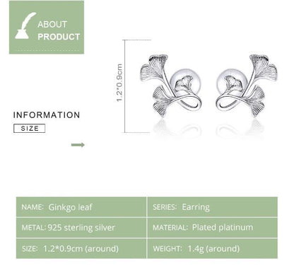 Plant Earrings Sterling Silver Push Back Stud Ginkgo Leaf