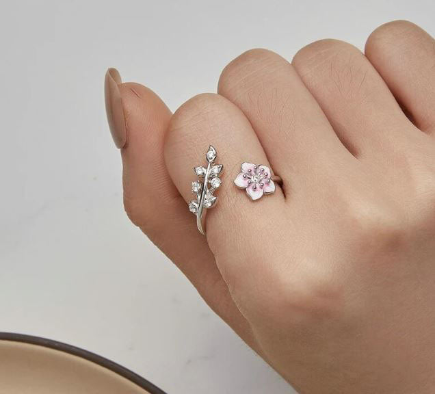 925 Sterling Silver Cherry Blossom Ring For Women Pink