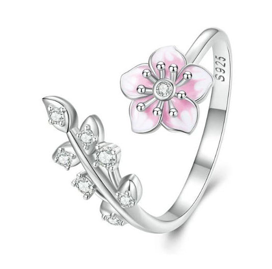 Cherry Blossom Ring Enamel  Adjustable Pink