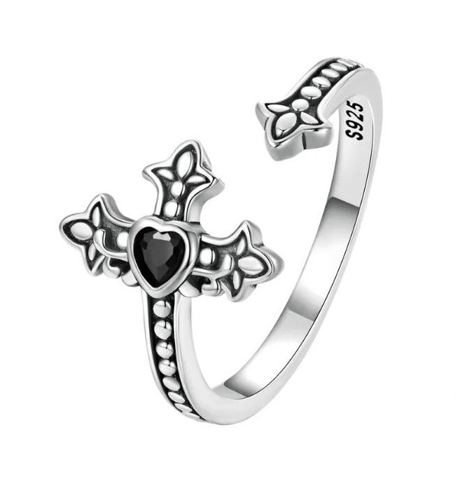 black faith cross ring with heart open Adjustable in sterling silver
