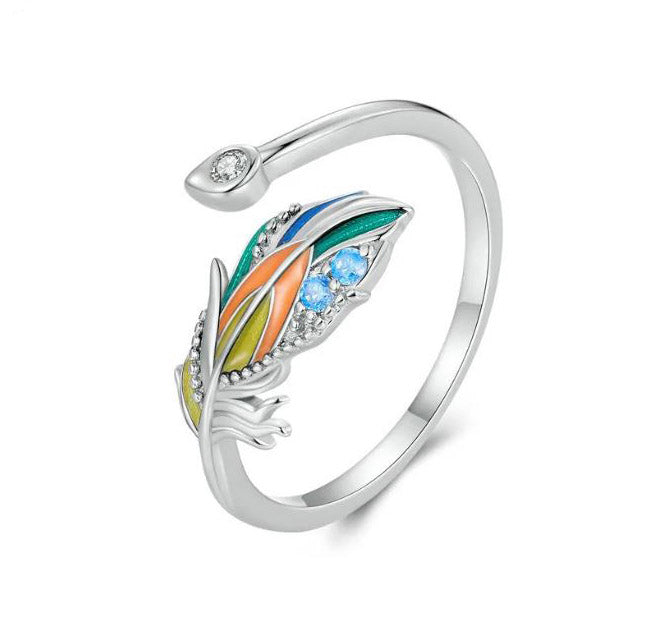 Sterling Silver feather Ring Peacock Adjustable