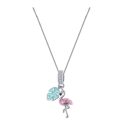 925 Sterling Silver Flamingo Necklace Pendant Pink