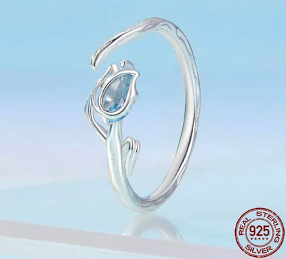925 Sterling Silver Tulip Ring Cubic Zirconia Blue