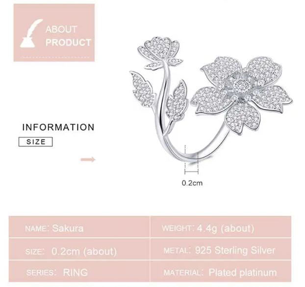 925 Sterling Silver Spring Sakura Ring Cubic Zirconia Clear