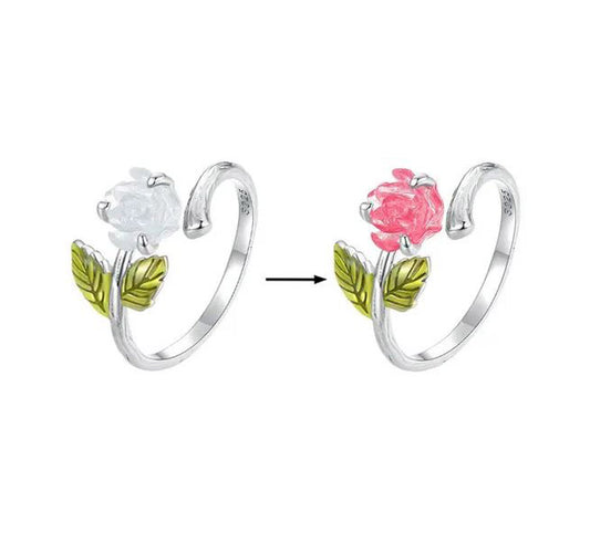 Colour change ring pink rose flower Ultraviolet  sterling silver