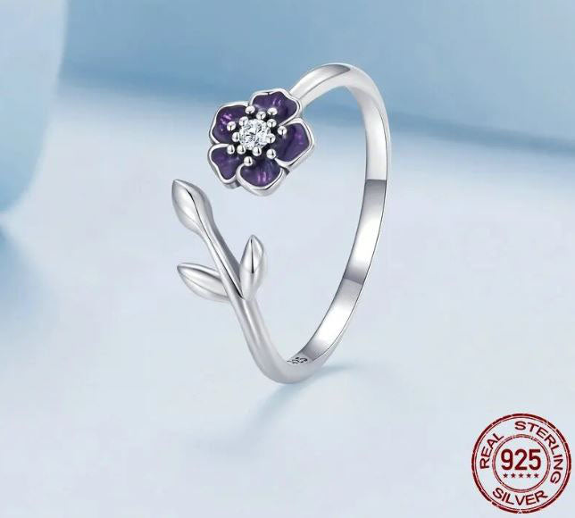 Flower Ring Enamel Adjustable Purple