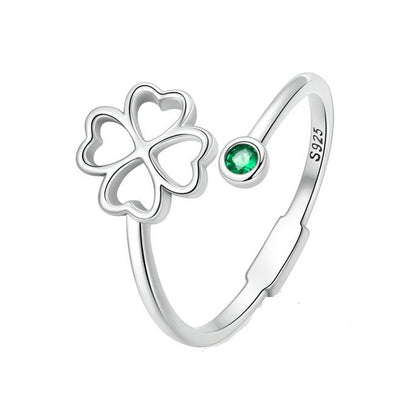 Four Leaf Clover Ring Open Flower Adjustable Green