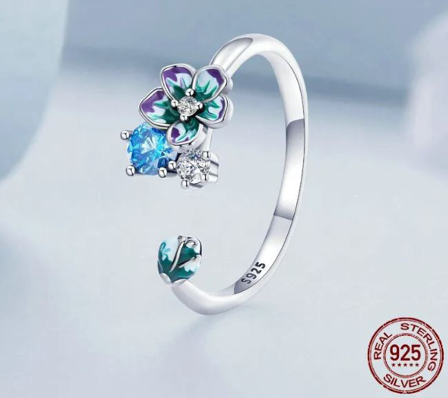925 Sterling Silver Flower Ring Cubic Zirconia Multi Colour