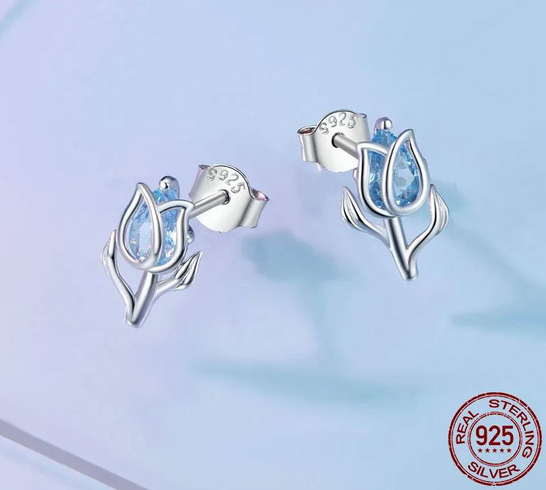 925 Sterling Silver Stud Earrings Cubic Zirconia Blue