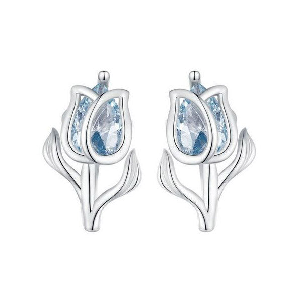 925 Sterling Silver Stud Earrings Flower Tulips Blue