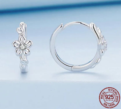 Clear Earrings 925 Sterling Silver Hoop Flower Vine Plant