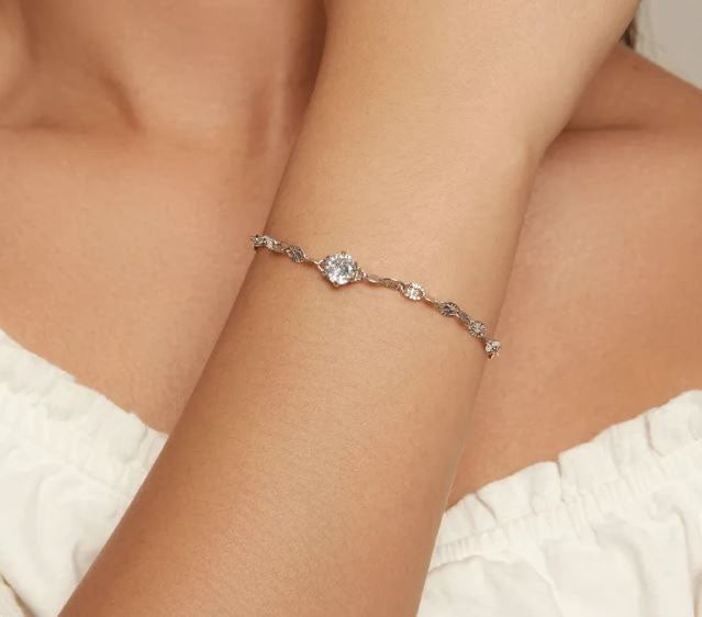 925 Sterling Silver Link Chain Bracelet Cubic Zirconia Clear