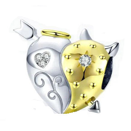 925 Sterling Silver Angel and Devil Heart Charm Two Tone 