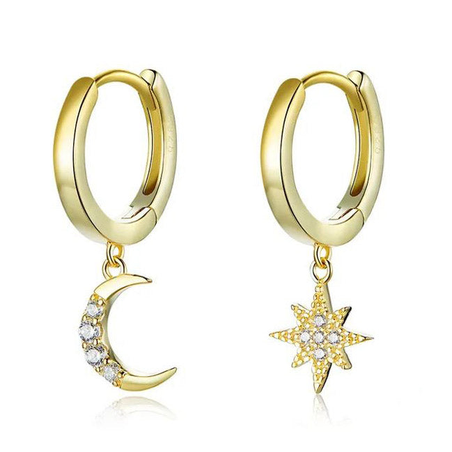 moon and star earrings in gold with cubic zirconia sterling silver drop hoop style