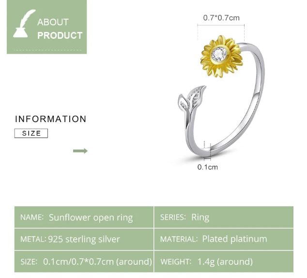 Gold Ring Sterling Silver Sun Sunflower Adjustable