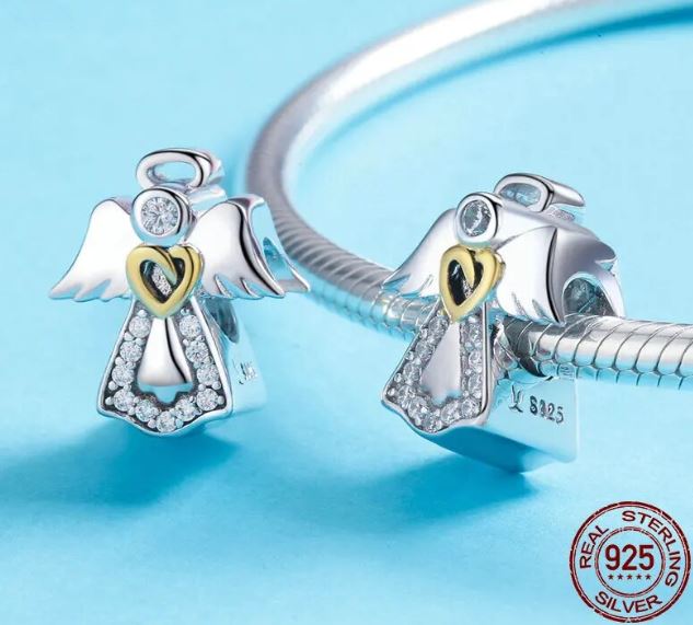 925 Sterling Silver Guardian Angel Charm Cubic Zirconia 