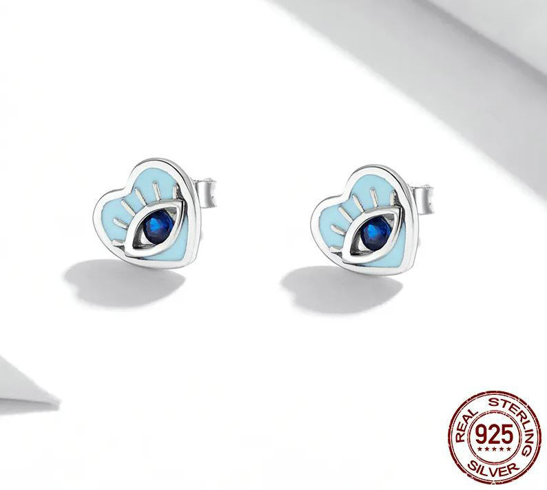 Blue Earrings Sterling Silver Heart Stud Devil Eye