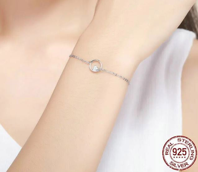 925 Sterling Silver Heart In Circle Bracelet Cubic Zirconia Clear