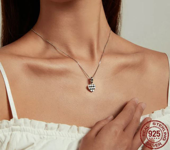 Heart Necklace Pendant Checkerboard  Black White