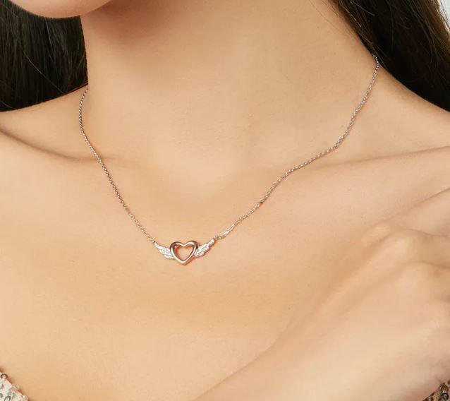 Rose Gold Necklace 925 Sterling Silver Heart Pendant Wings