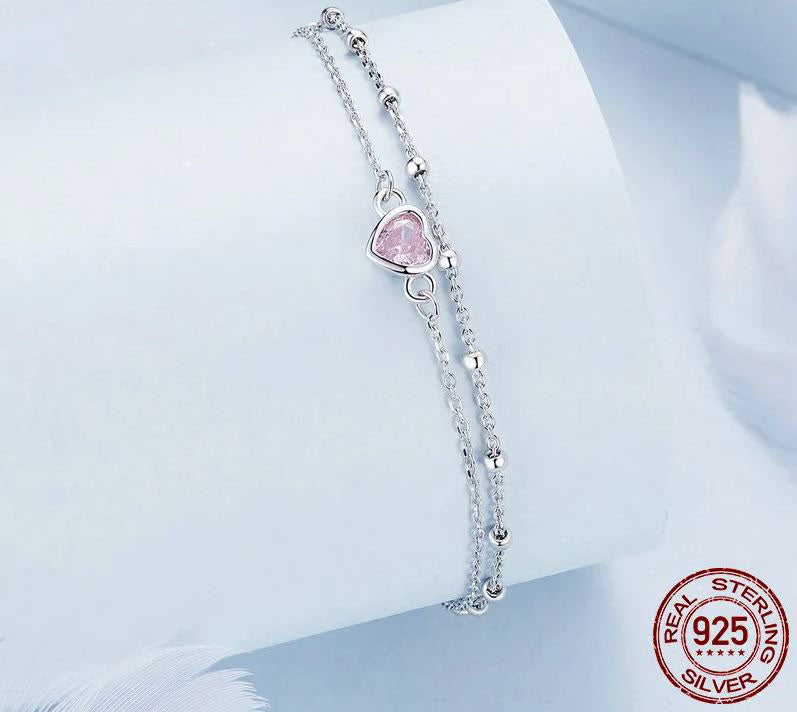 925 Sterling Silver Double Layer Bracelet Cubic Zirconia Pink